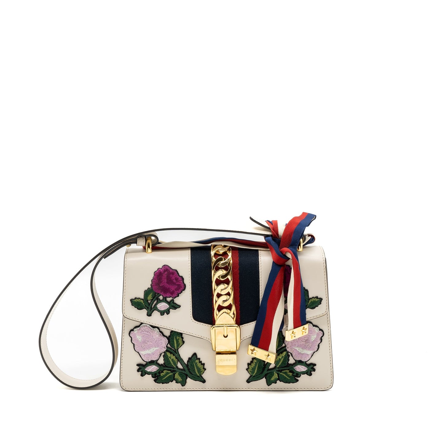 Gucci Sylvie Embroidered Shoulder Bag Calfskin White