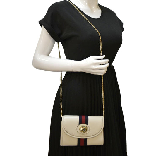 GUCCI Rajah Mini Leather Chain Shoulder Bag White 573797