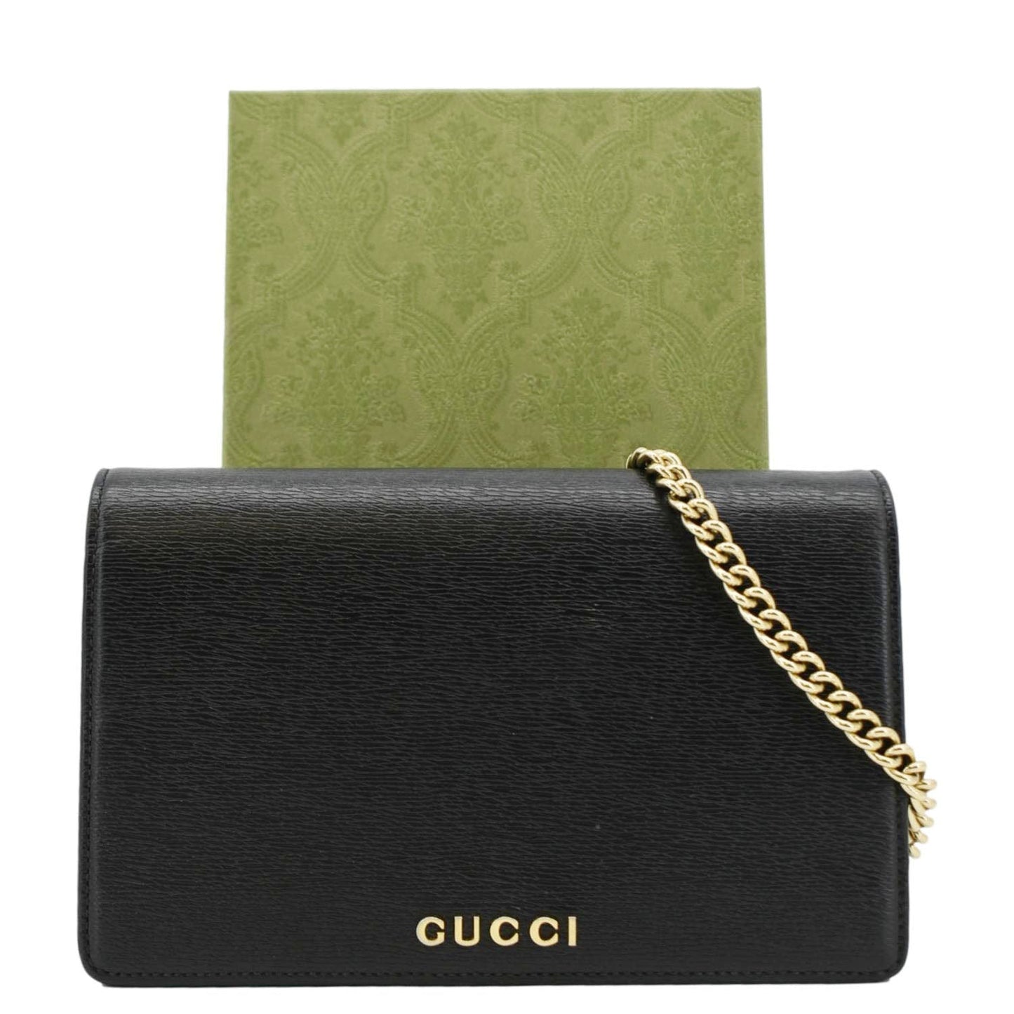 GUCCI Script Leather Chain Wallet Crossbody Bag Black 772643