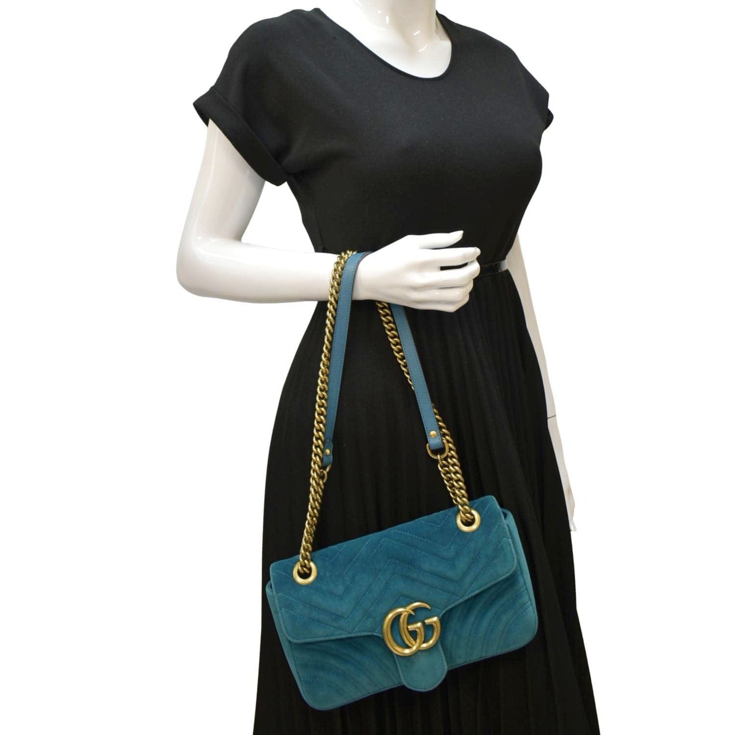 GUCCI GG Marmont Small Velvet Shoulder Bag Turquoise 443497