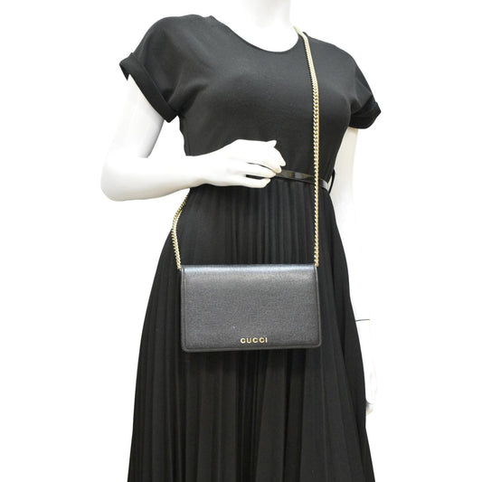 GUCCI Script Leather Chain Wallet Crossbody Bag Black 772643