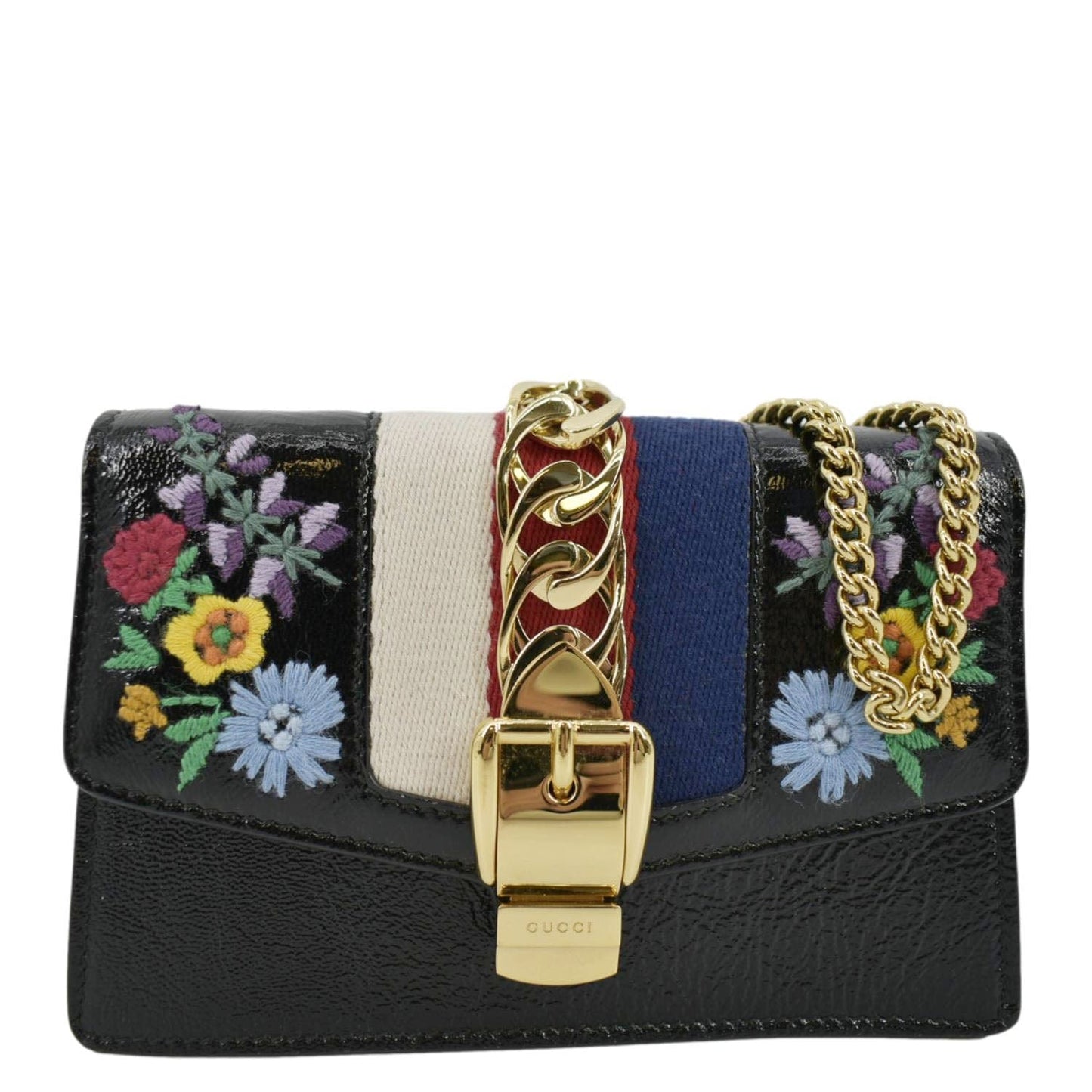 GUCCI Sylvie Super Mini Embroidered Leather Crossbody Chain Wallet Black 494646