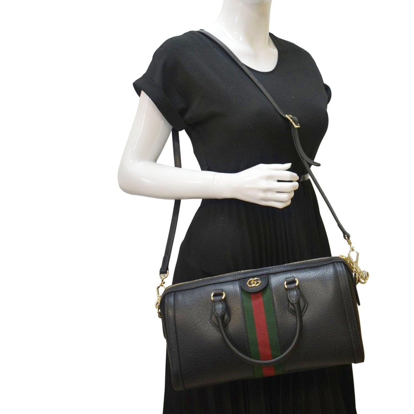 GUCCI Ophidia GG Web Leather Top Handle Shoulder Bag Black 524532