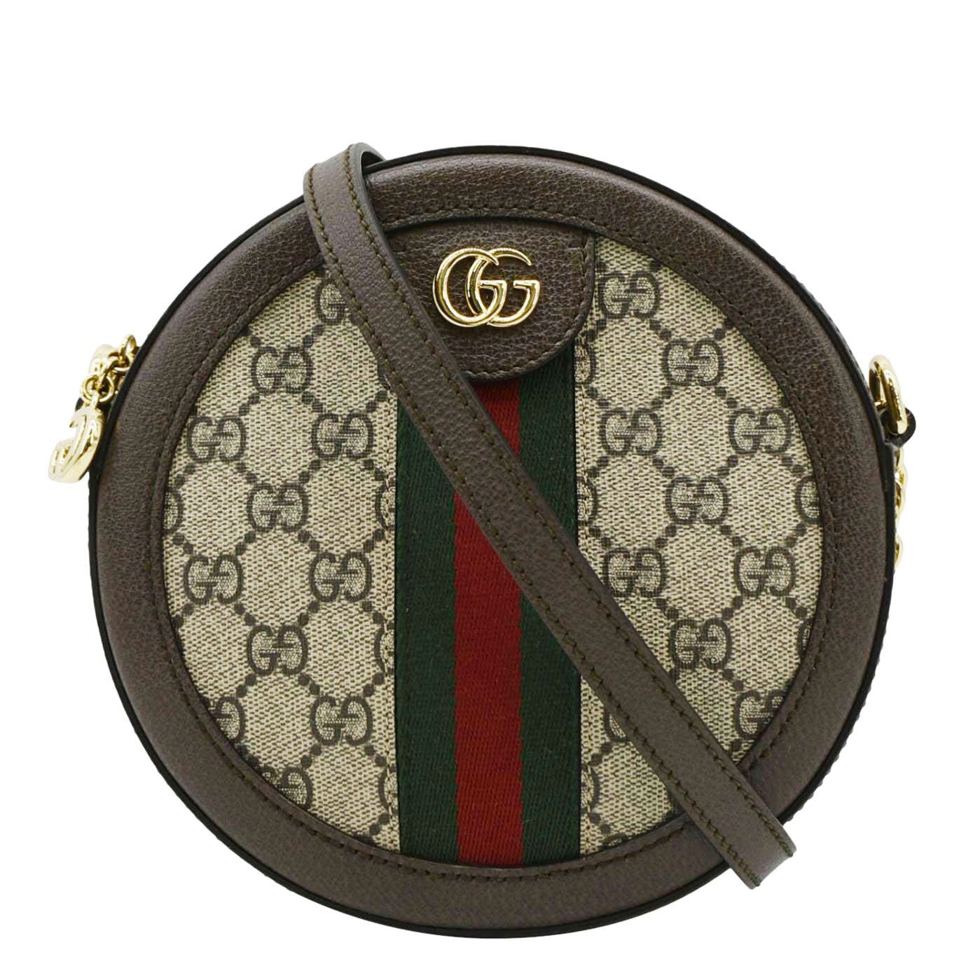 GUCCI Ophidia Mini GG Round Supreme Monogram Web Crossbody Bag Beige 550618
