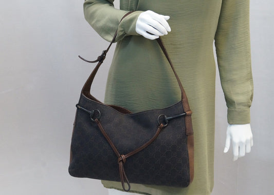 GUCCI GG Pattern Horsebit Dark Brown Shoulder Bag