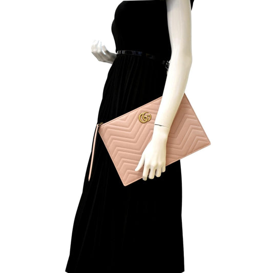 GUCCI GG Marmont Quilted Leather Zip Pouch Bag Pink 476440