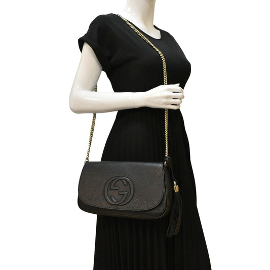 GUCCI Soho GG Flap Leather Chain Shoulder Bag Black 336752