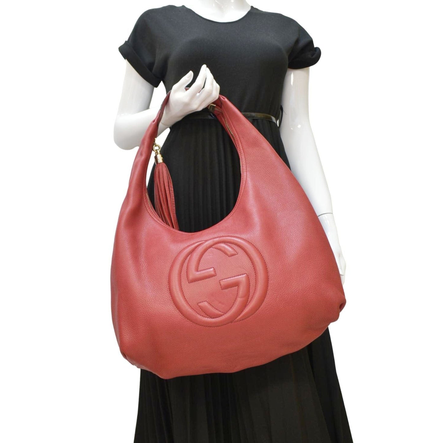 GUCCI Soho Pebbled Leather Hobo Shoulder Bag Red 282304