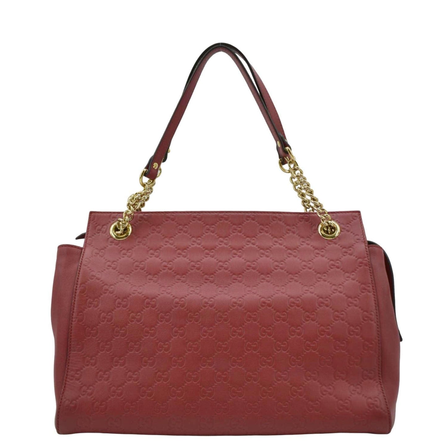 GUCCI Large Soft Signature Leather Chain Shoulder Tote Bag Red 453771