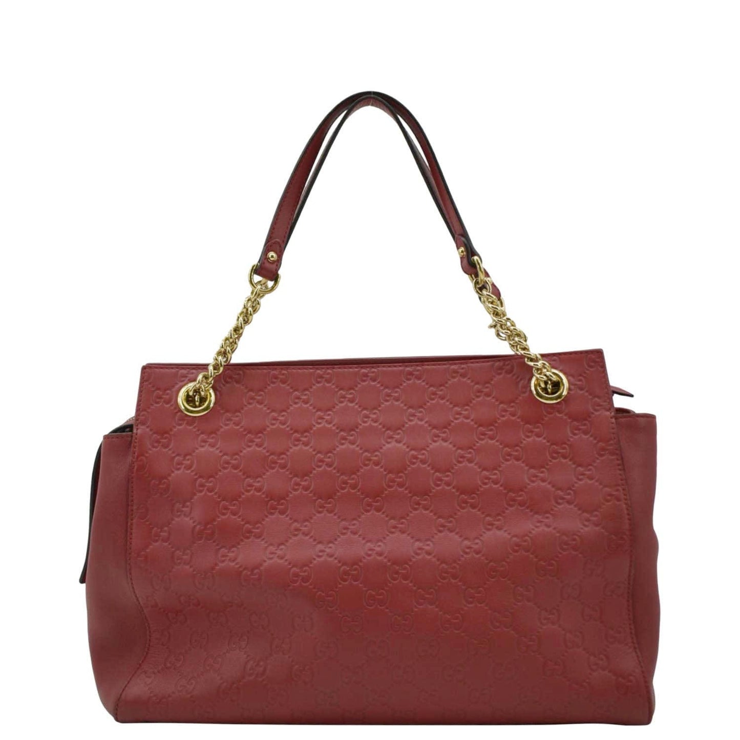 GUCCI Large Soft Signature Leather Chain Shoulder Tote Bag Red 453771