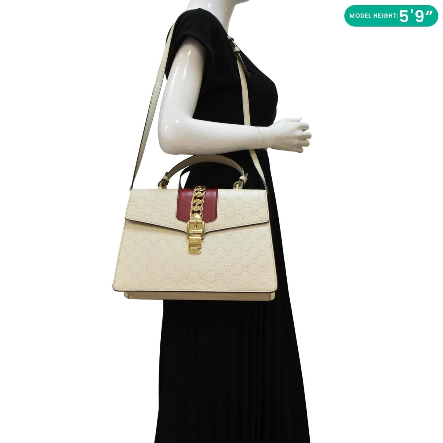 GUCCI Sylvie Medium GG Signature Leather Top Handle Shoulder Bag Off White 431665