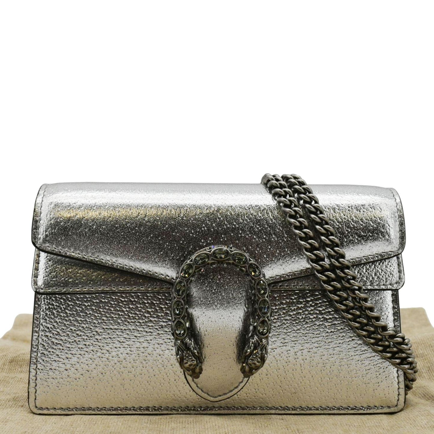 GUCCI Dionysus Super Mini Metallic Leather Crossbody Bag Silver 476432