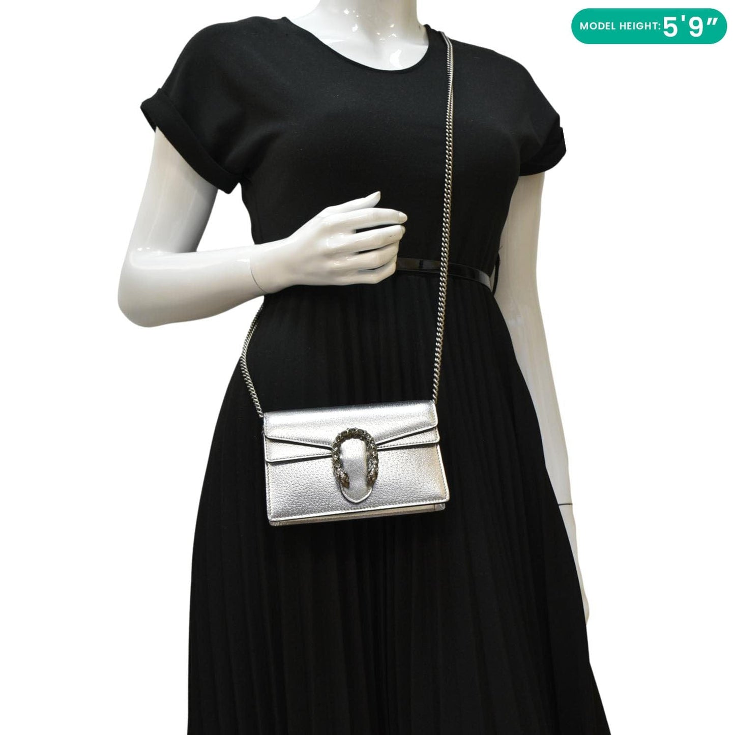 GUCCI Dionysus Super Mini Metallic Leather Crossbody Bag Silver 476432