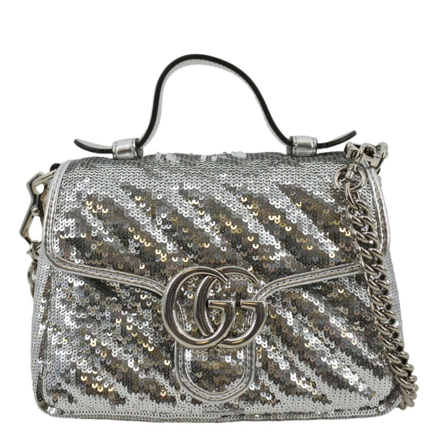 GUCCI GG Marmont Sequin Top Handle Crossbody Bag Silver 583571