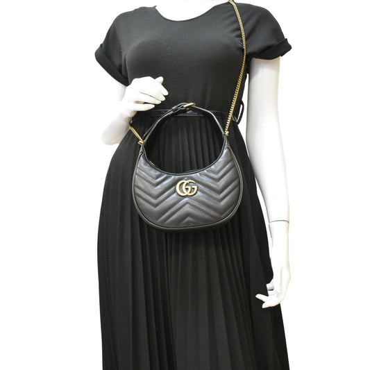 GUCCI GG Marmont Half Moon Mini Leather Shoulder Bag Black 699514
