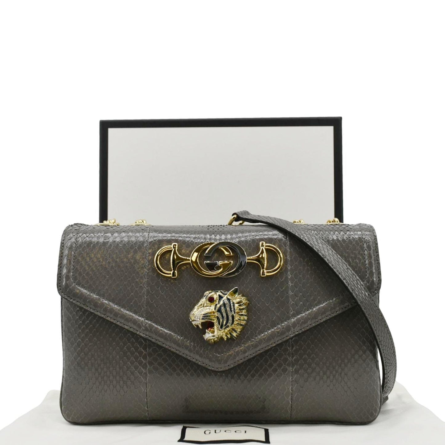 GUCCI Rajah Medium Leather Chain Shoulder Bag Grey 537241