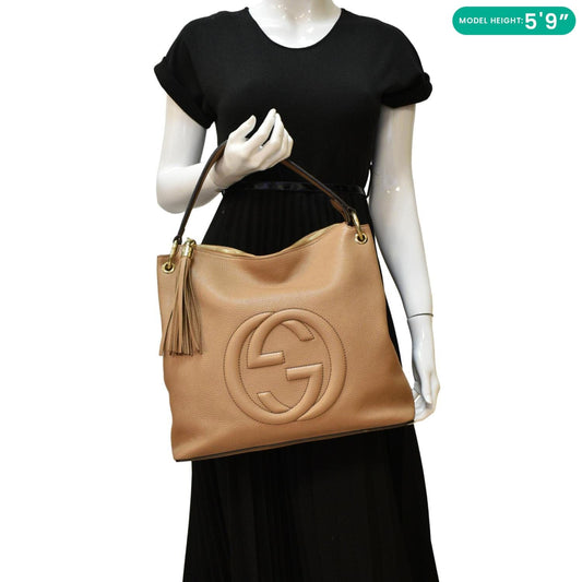 GUCCI Soho Large Pebbled Leather Hobo Shoulder Bag Tan 536194