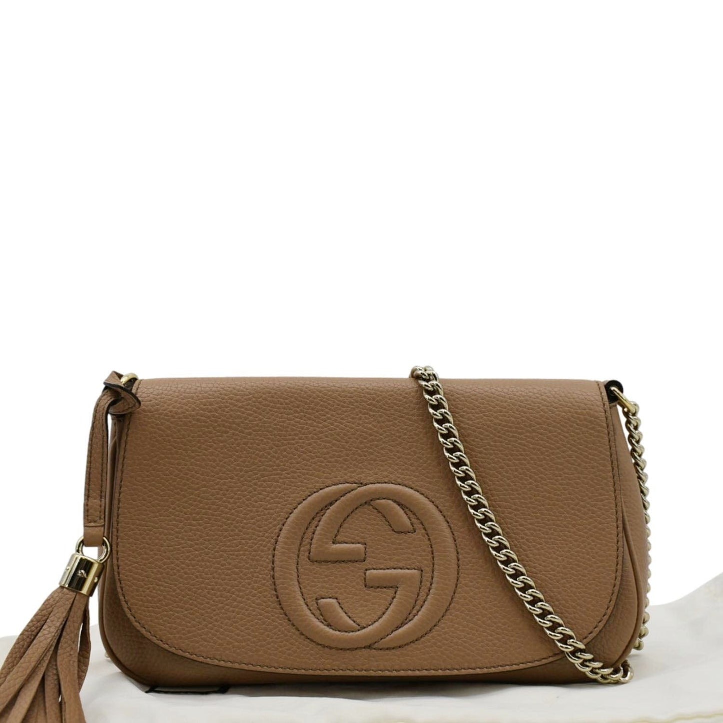 GUCCI Soho GG Flap Leather Chain Crossbody Bag Rose Beige 536224
