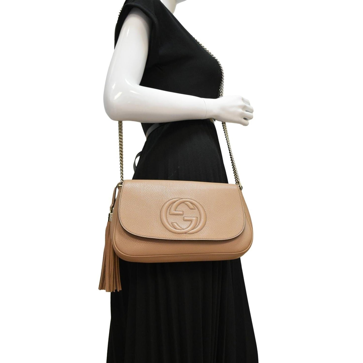 GUCCI Soho GG Flap Leather Chain Crossbody Bag Rose Beige 536224