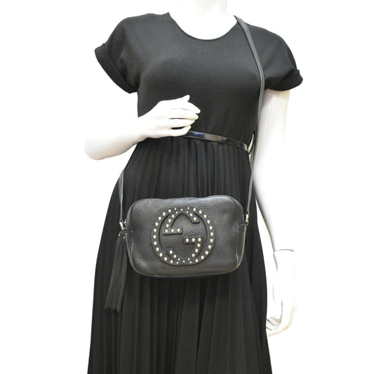 GUCCI Soho Disco Studded Leather Crossbody Bag Black 308364