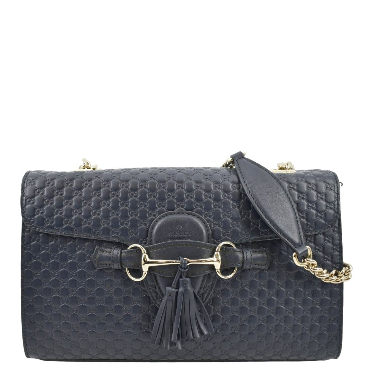 GUCCI Emily Medium GG Leather Chain Shoulder Bag Navy Blue 449635