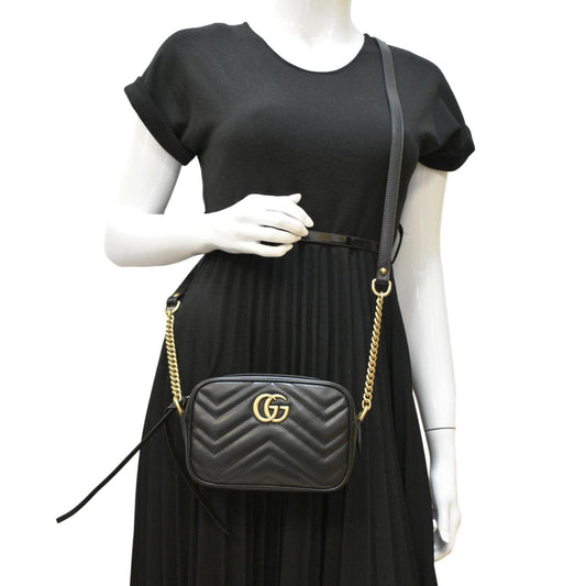 GUCCI GG Marmont Mini Calfskin Matelasse Crossbody Camera Bag Black 634785