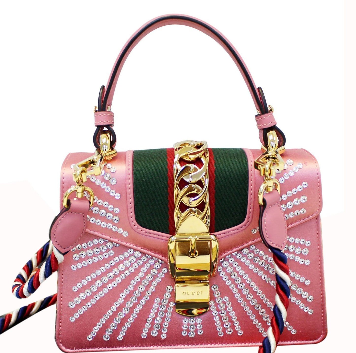 GUCCI Mini Sylvie Satin Crystal Shoulder Bag Peony