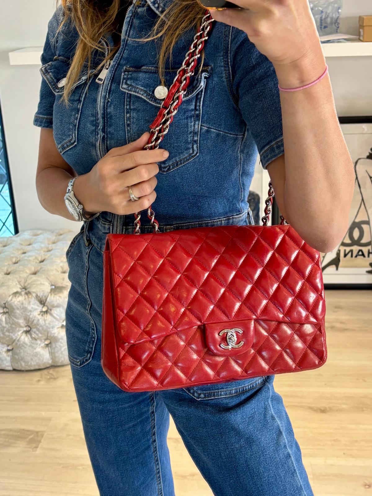 Chanel Jumbo Red Lambskin Classic Single Flap Shoulder Bag - Preloved