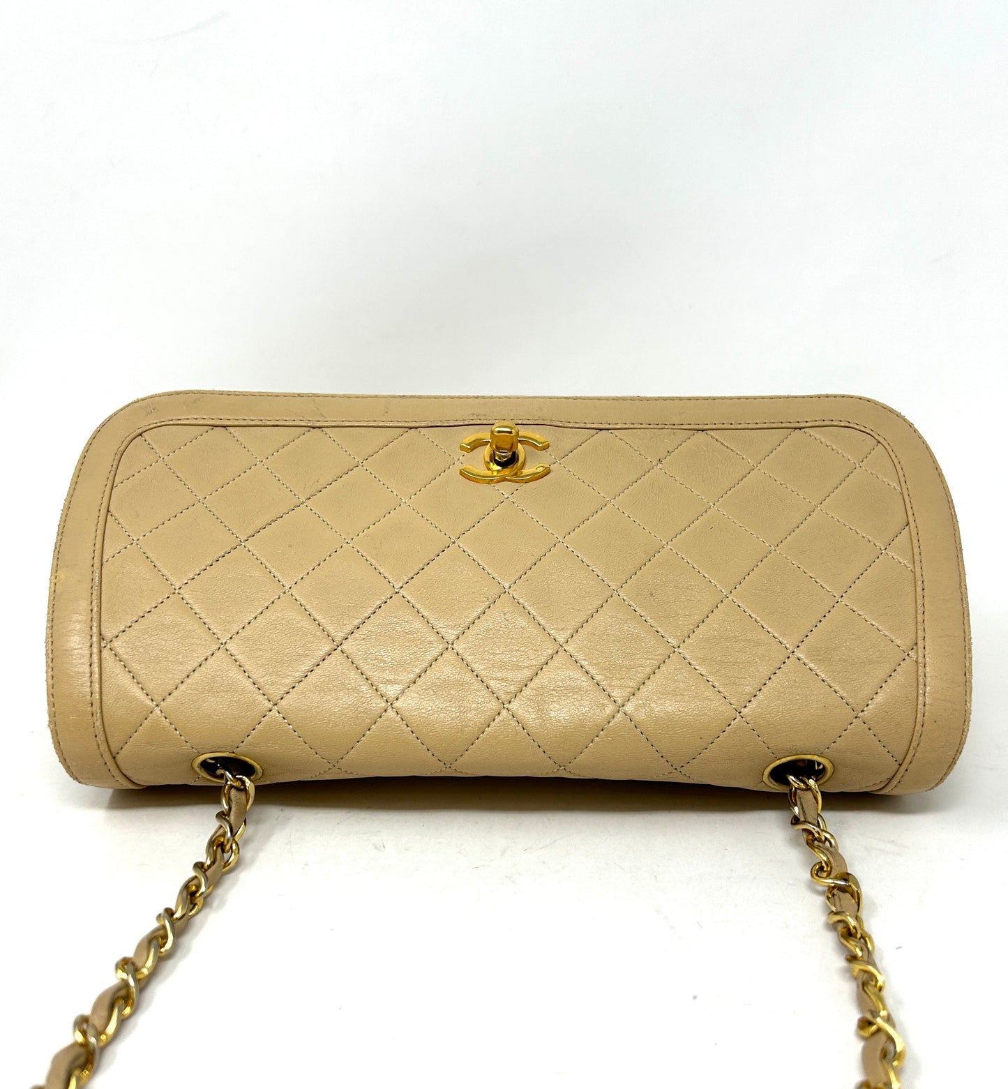 Chanel Beige Quilted Leather CC Logo Flap Shoulder Bag 24K Gold Plated - Preloved