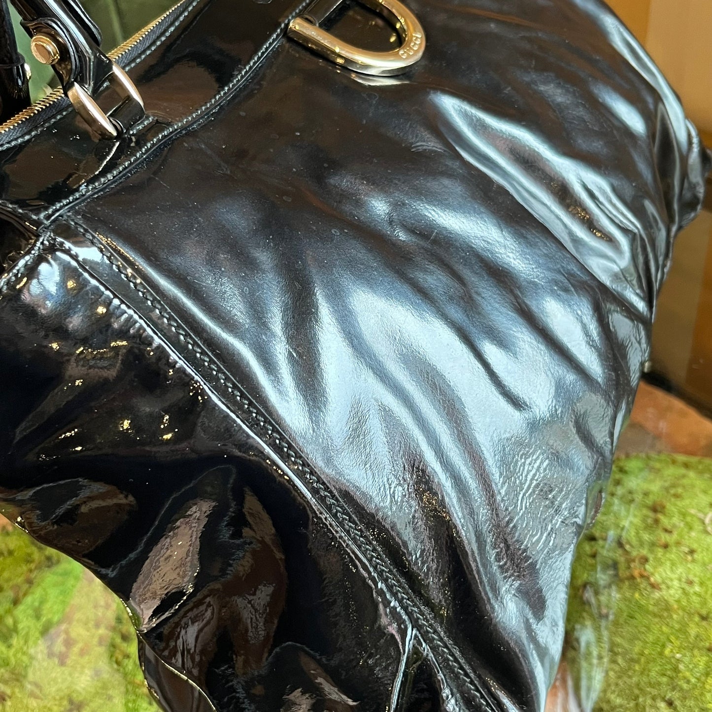 GUCCI Black Patent Leather D Ring Tote Bag