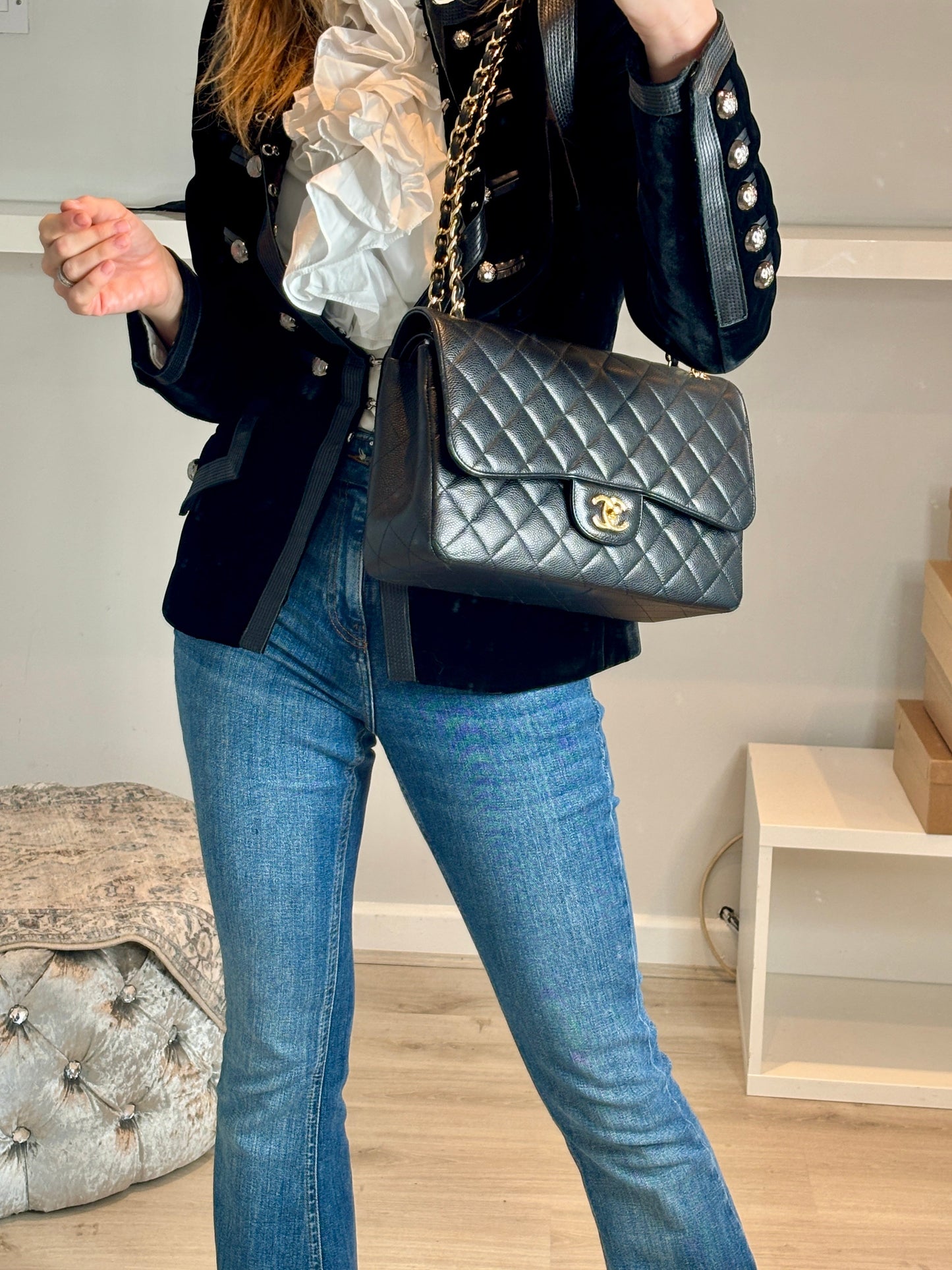 Chanel Jumbo Black Caviar Classic Double Flap Gold Hardware Shoulder Bag 2021 - Preloved