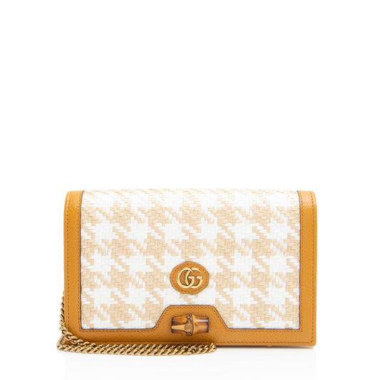 Gucci Calfskin Raffia Bamboo Diana Mini Chain Crossbody