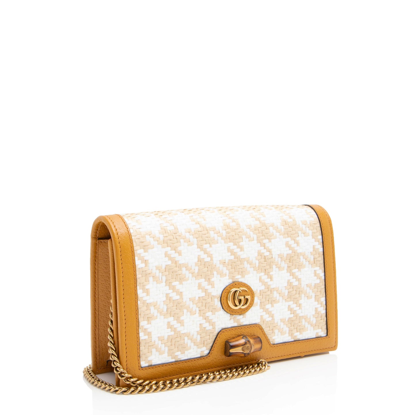 Gucci Calfskin Raffia Bamboo Diana Mini Chain Crossbody