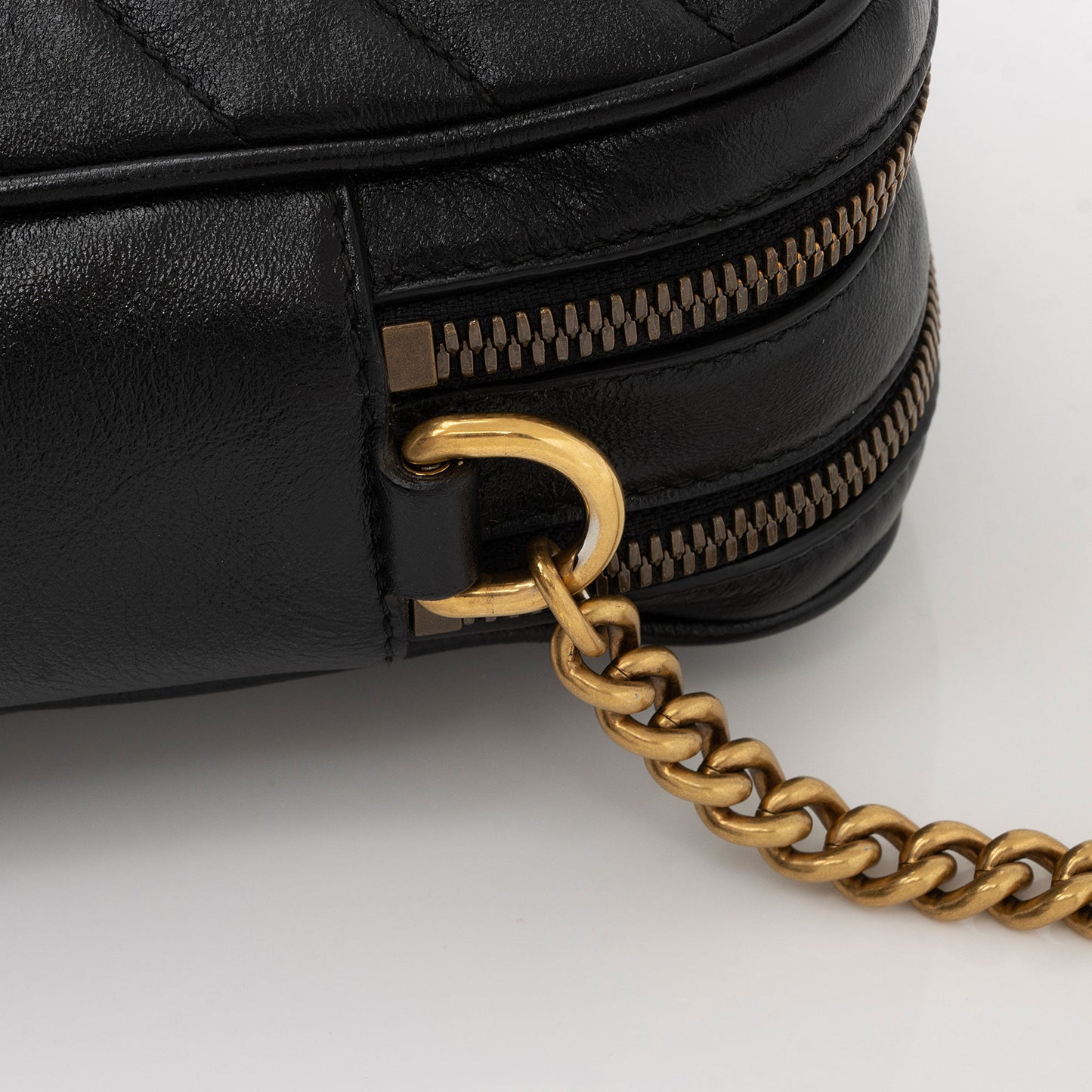 Gucci Diagonal Matelasse Leather GG Marmont Double Zip Mini Camera Bag