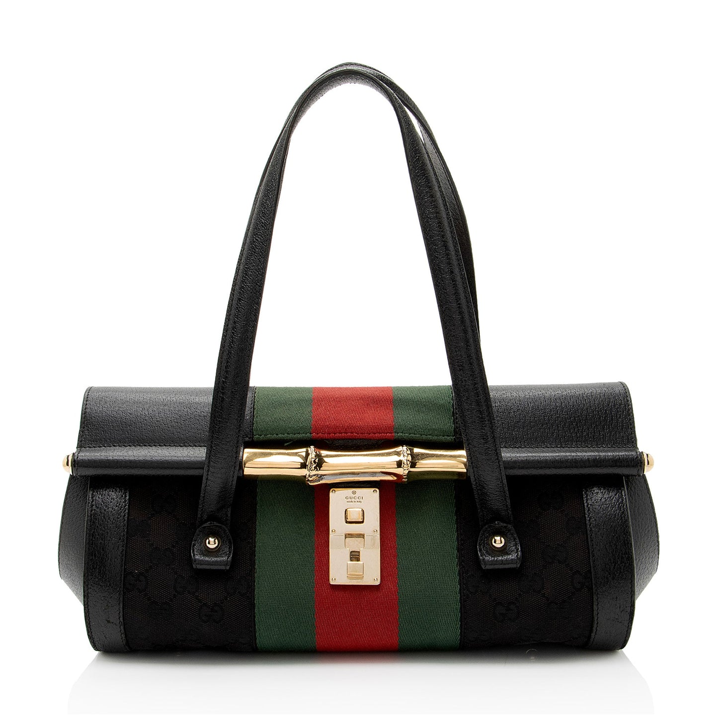Gucci Leather Studded Web Bamboo Bullet Medium Satchel