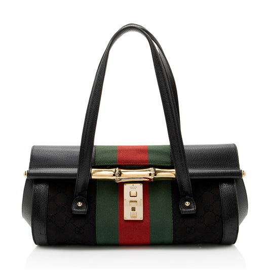 Gucci Leather Studded Web Bamboo Bullet Medium Satchel