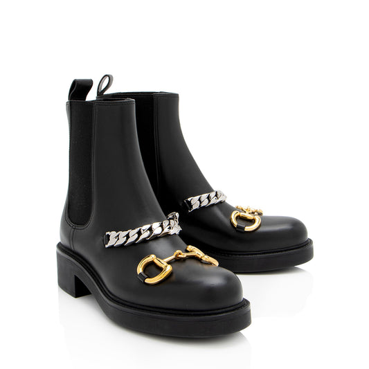Gucci Leather Horsebit Chain Ankle Boots - Size 7 / 37