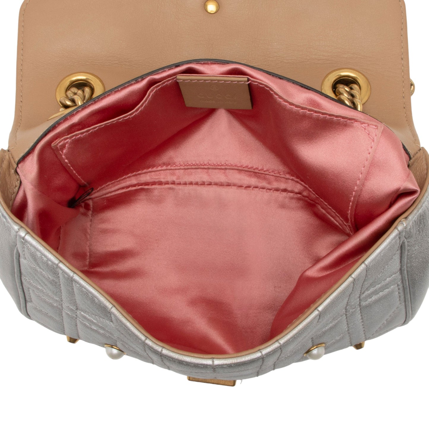 Gucci Metallic Matelasse Leather Pearl GG Marmont Mini Flap Bag - FINAL SALE (SHF-ZNLBGf)