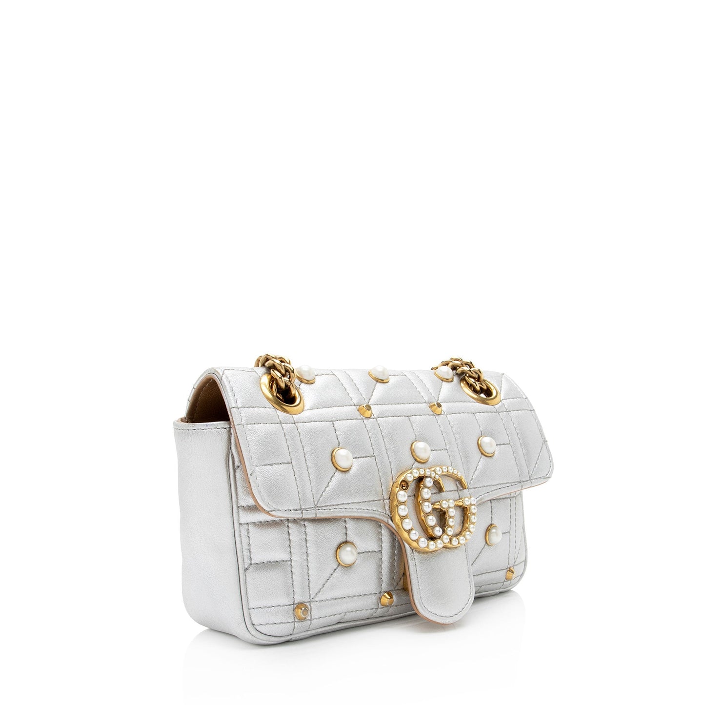 Gucci Metallic Matelasse Leather Pearl GG Marmont Mini Flap Bag - FINAL SALE (SHF-ZNLBGf)