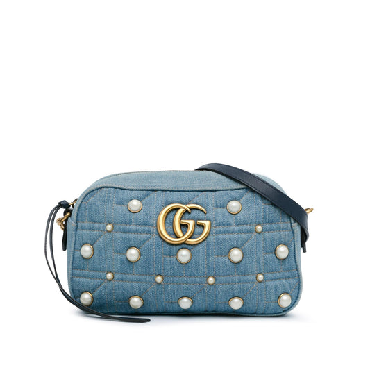 Gucci Small GG Marmont Pearl Studded Denim Crossbody Bag (SHG-phY0r4)