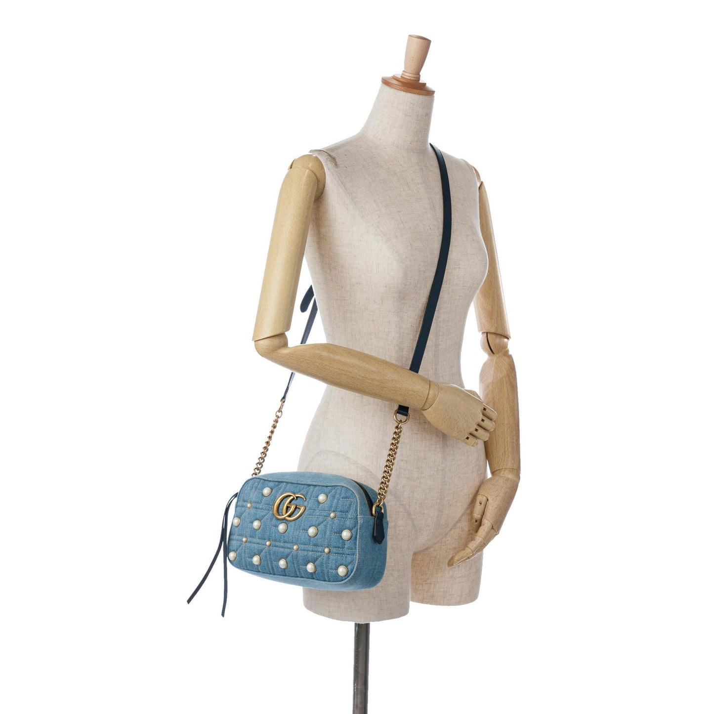 Gucci Small GG Marmont Pearl Studded Denim Crossbody Bag (SHG-phY0r4)