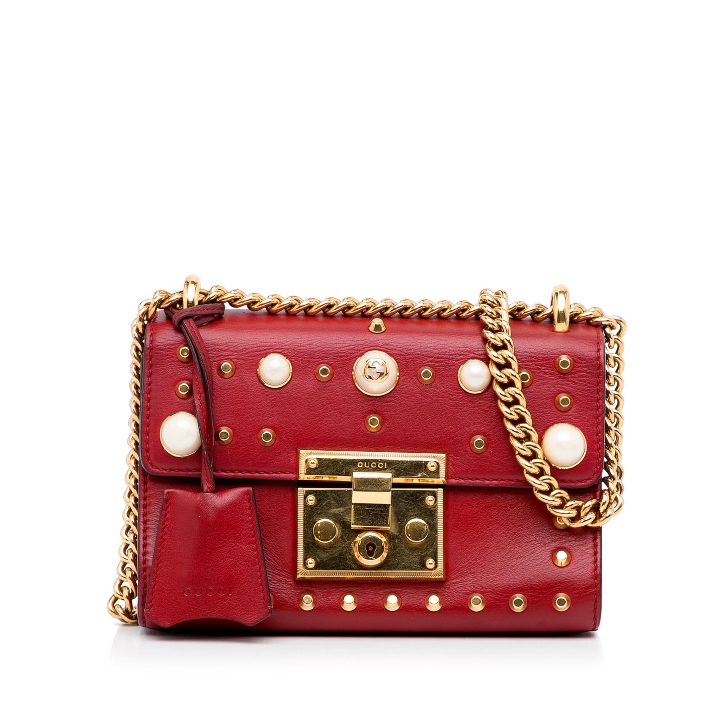 Gucci Small Leather Pearl Studded Padlock Crossbody Bag (SHG-1zn6yH)