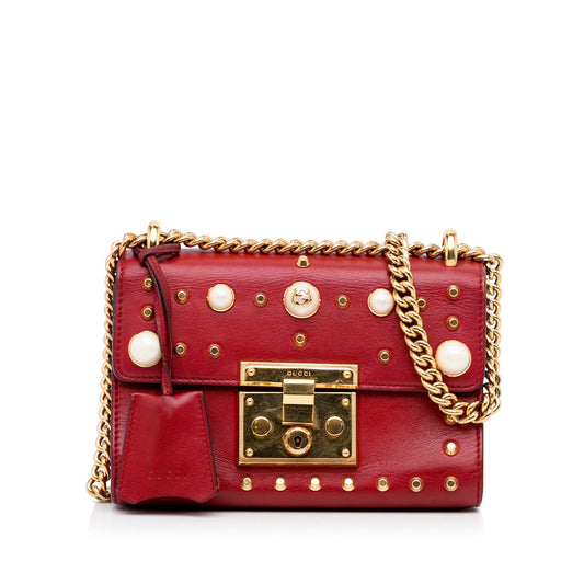 Gucci Small Leather Pearl Studded Padlock Crossbody Bag (SHG-1zn6yH)