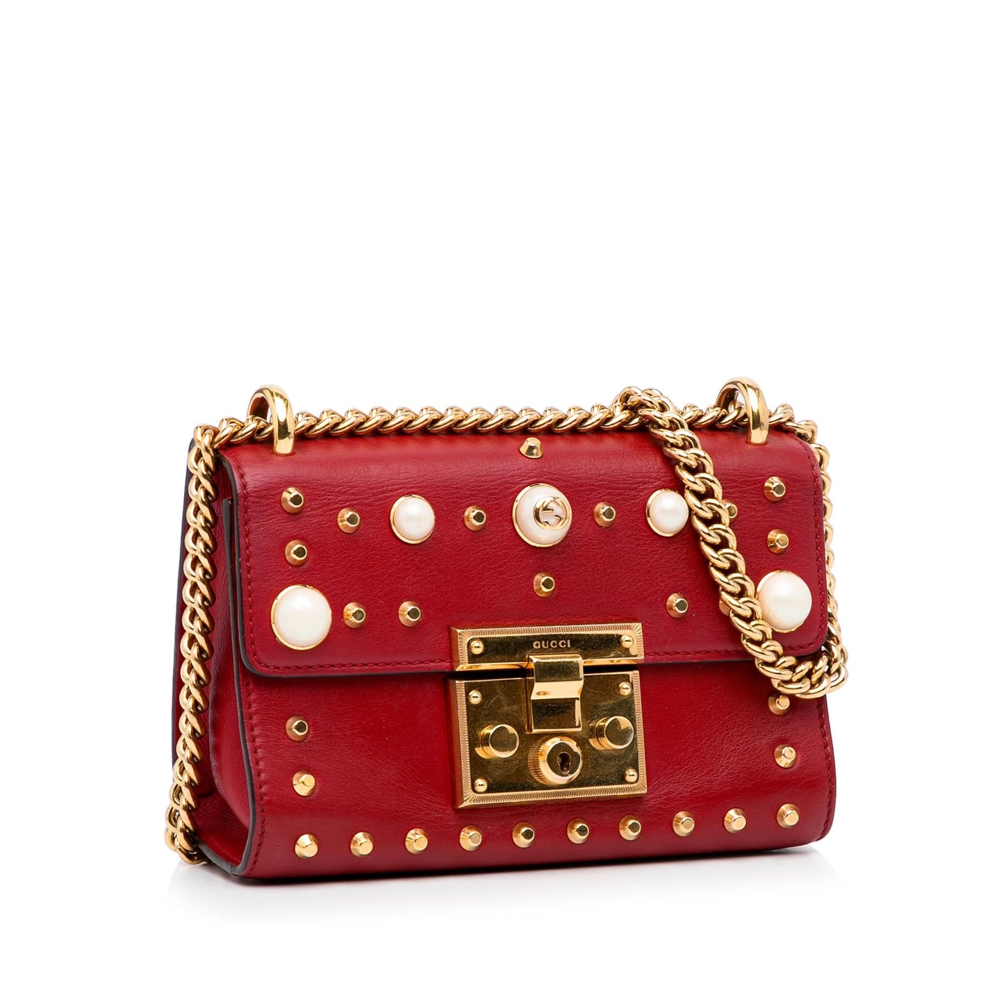 Gucci Small Leather Pearl Studded Padlock Crossbody Bag (SHG-1zn6yH)