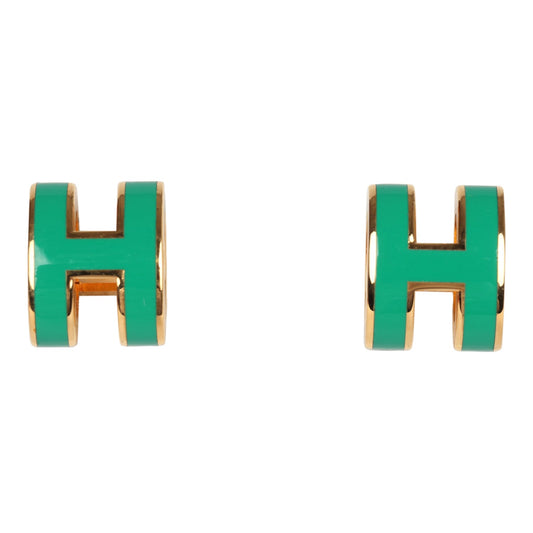Hermes Mini Pop H Earrings Malachite Enamel Gold Hardware