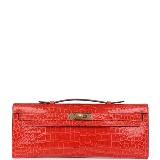 Hermes Kelly Cut Orange Poppy Shiny Porosus Crocodile Gold Hardware