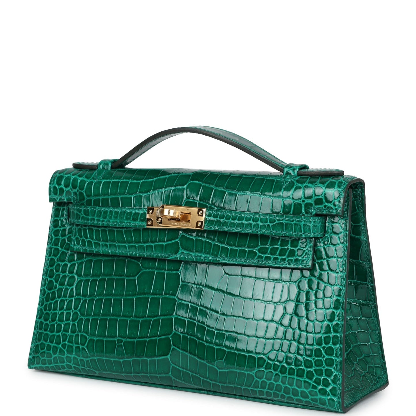 Hermes Kelly Pochette Emerald Shiny Porosus Crocodile Gold Hardware