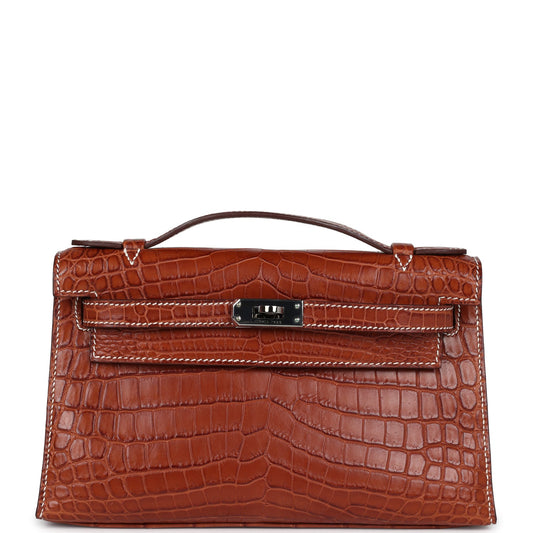 Hermes Kelly Pochette Fauve Matte Niloticus Crocodile Ruthenium Hardware
