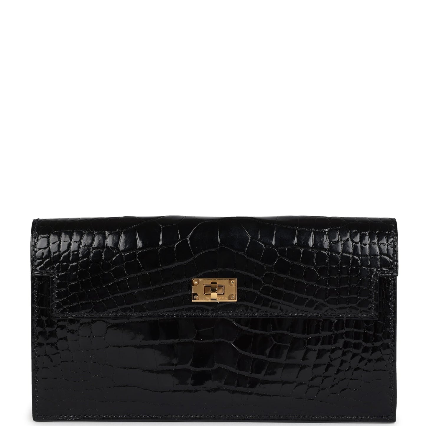 Hermes Kelly Pocket Long Wallet Black Shiny Alligator Gold Hardware