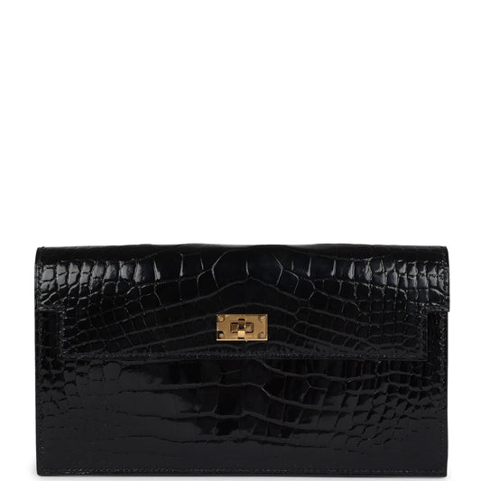 Hermes Kelly Pocket Long Wallet Black Shiny Alligator Gold Hardware